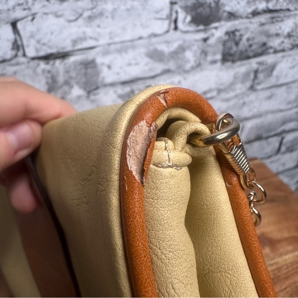 EUC Elegant Tan and Brown Women's Handbag with Gold Shoulder Chain Attachment - Picture 12 of 16